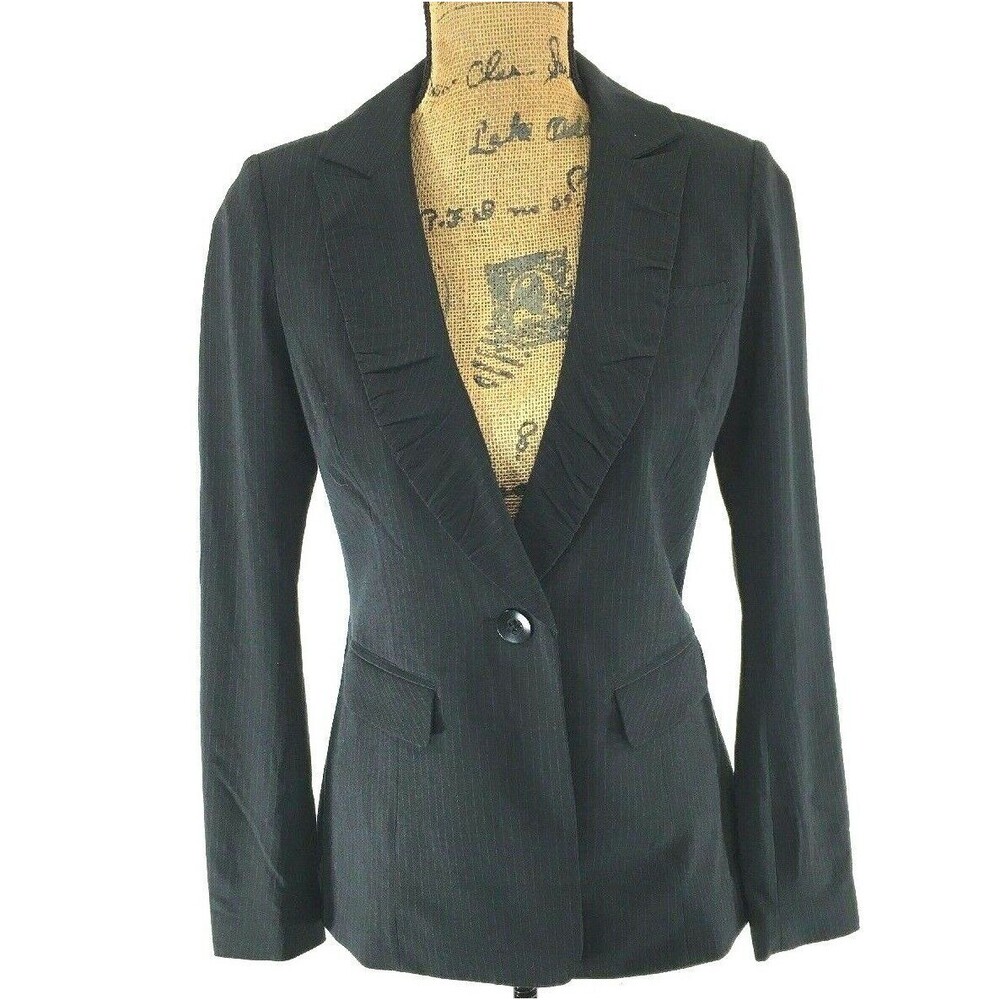 CABI Blazer 2 XS Black Beige Pin Stripe Ruched‎ Fitted Suit Jacket Lined